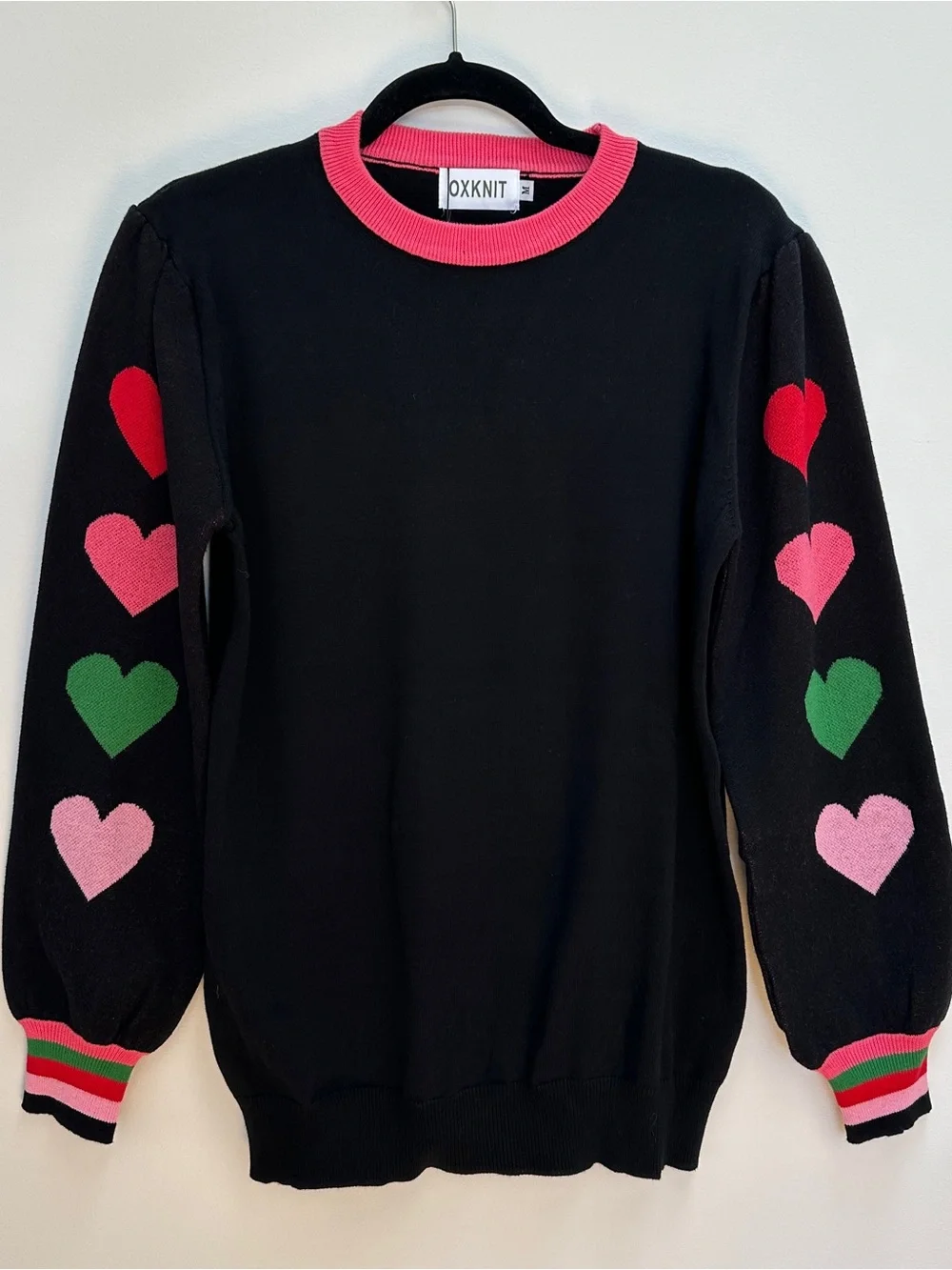 ✨ NWT OXKNIT Retro Heart Puff Sleeve 100% Cotton Sweater ✨ - Picture 1 of 4